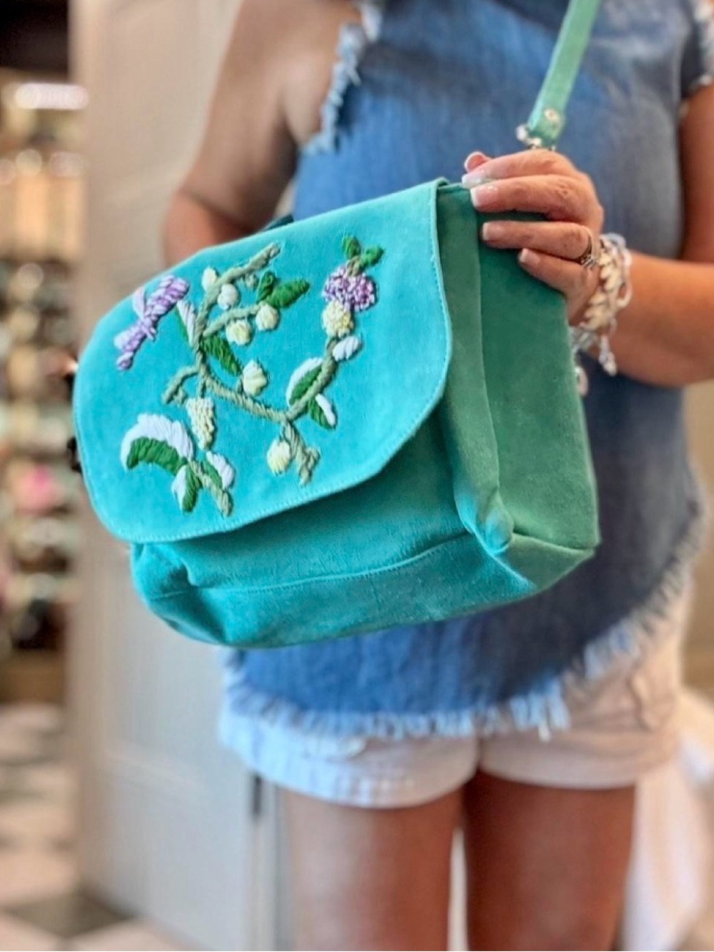 Embroidered Turquoise Suede Crossbody Bag with Floral Detail